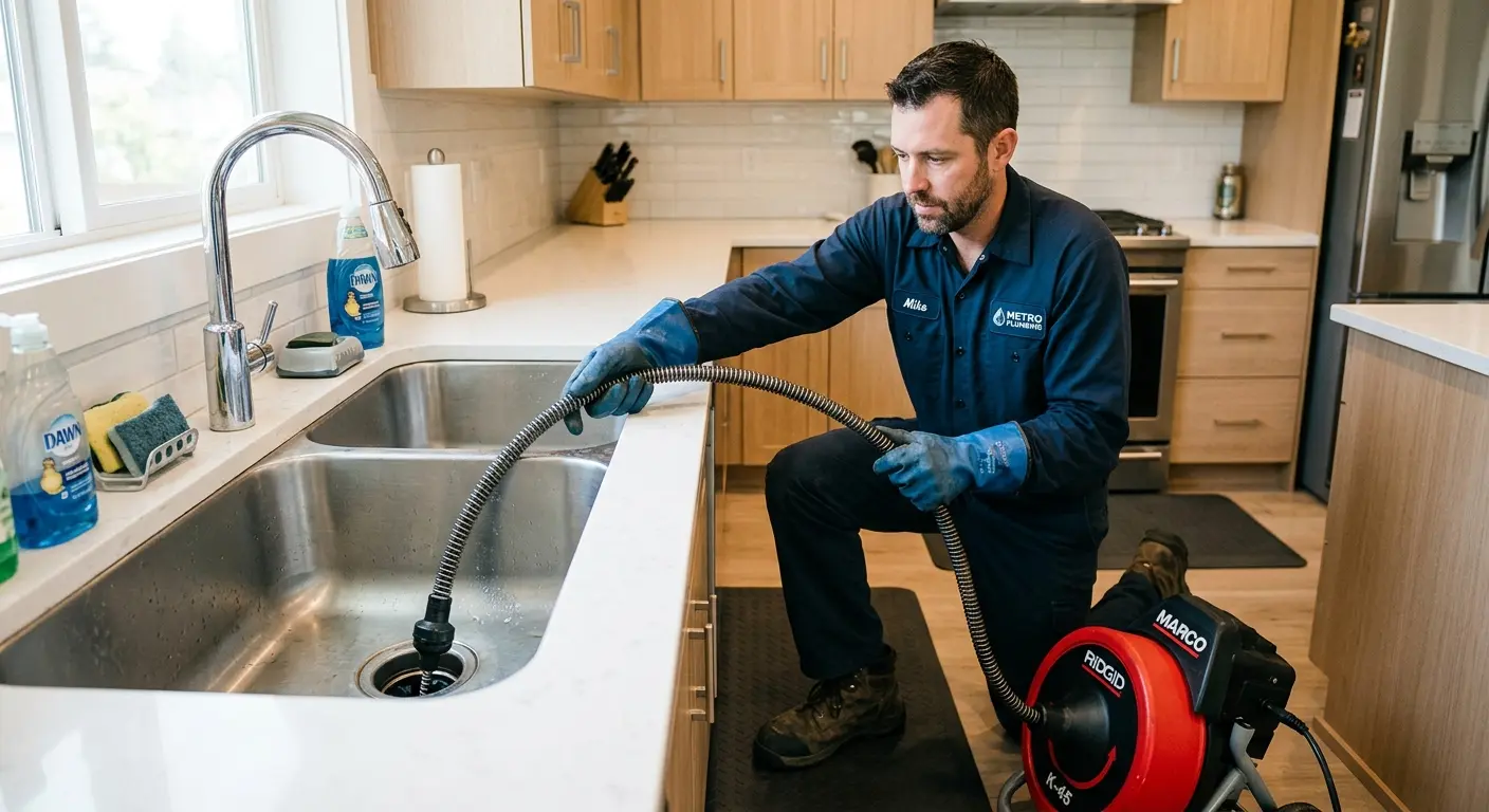 Drain cleaning technician using a motorized snake on a kitchen sink in Benton