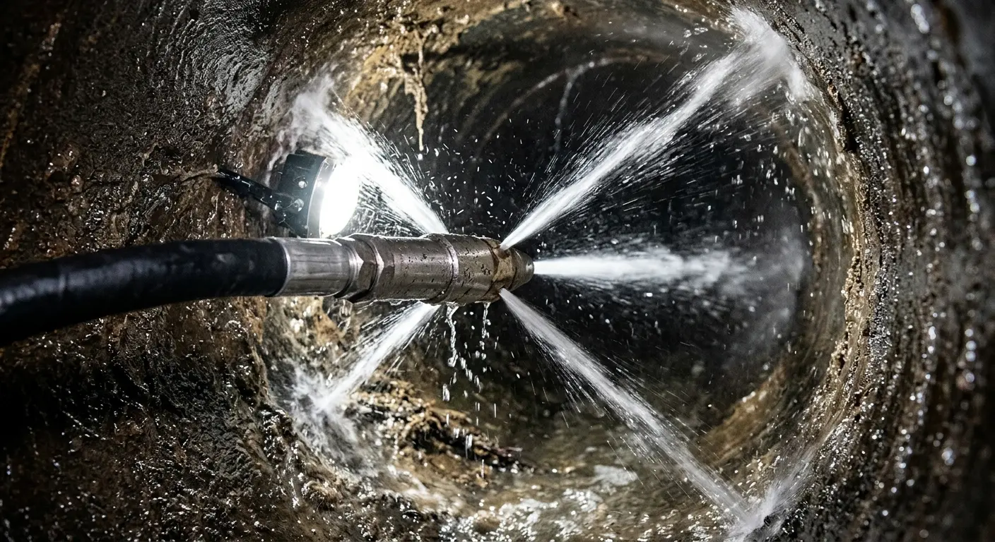 High-pressure hydro jetting nozzle cleaning sewer pipe for Sewer Cleanout in Benton