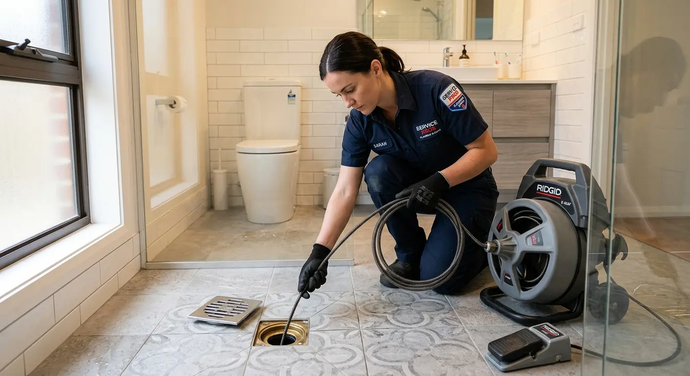 Technician clearing a bathroom floor drain for Sewer Line Replacement in Benton